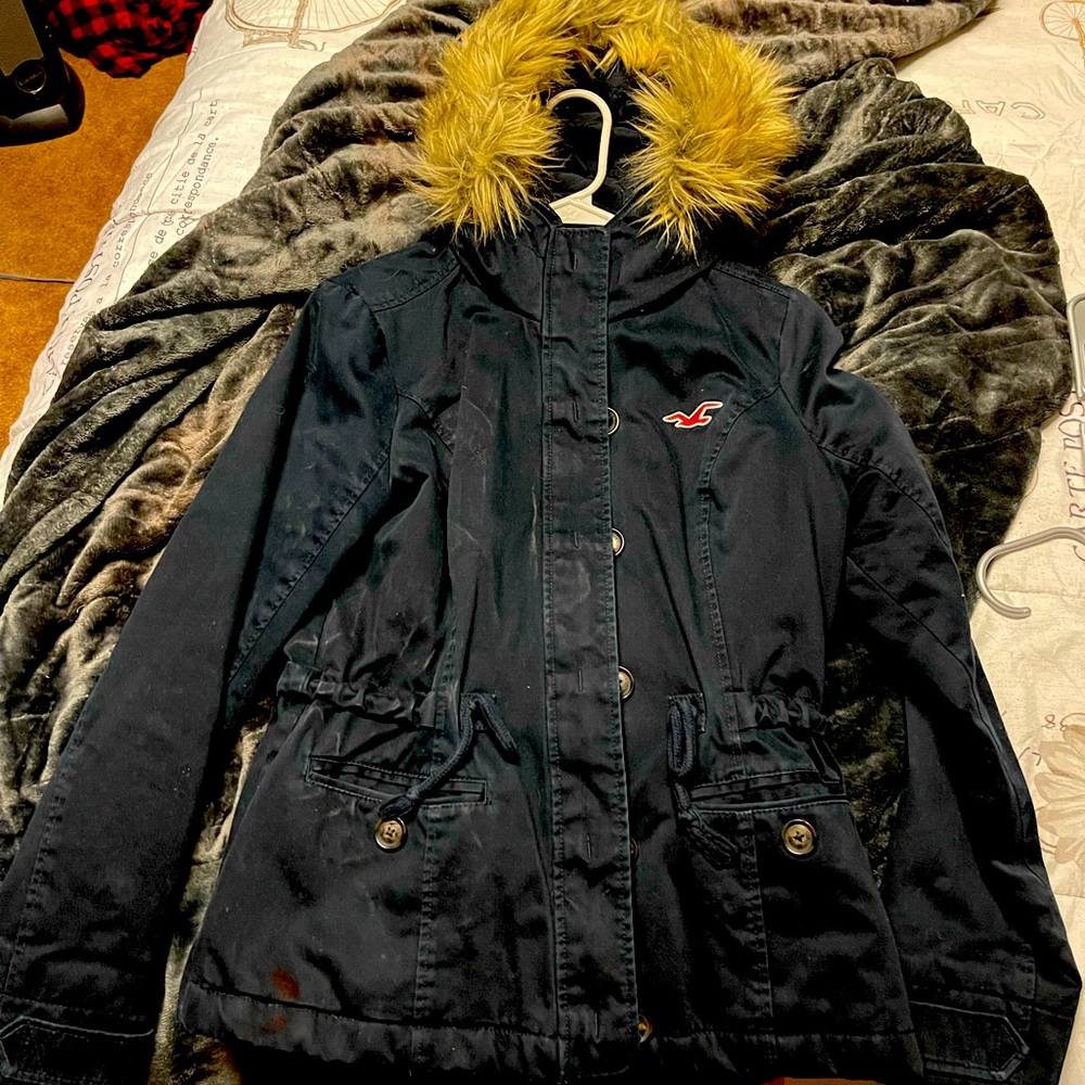NAVY HOLLISTER JACKET FUR HOOD